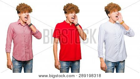 Collage of young bussines man with curly hair over isolated white background shouting and screaming loud to side with hand on mouth. Communication concept.