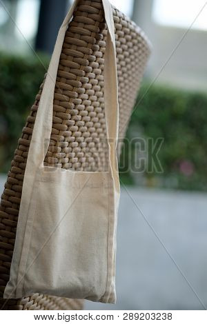 White Tote Canvas Fabric Eco Bag Cloth Shopping Sack. Zero Waste Use Less Plastic Say No Plastic Bag
