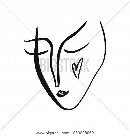 Simple Hand Drawn Black And White Trendy Line Portrait Art. Monochrome Print For Clothes, Textile An
