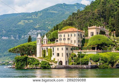 Lake Como, Italy - June 15, 2012: Summer Lake Shore View From Ship Board. Villa Del Balbianello.