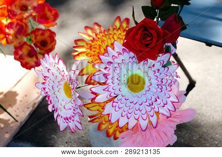 Flower Texture Background For Wedding Scene. Roses, Peonies And Hydrangeas, Artificial Flowers On Th