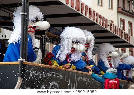 Basel, Switzerland - March 11, 2019: Participants At The Parade Of The Carnival Of Basel. The Carniv