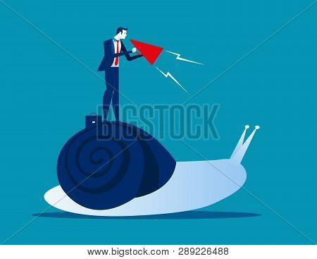 Businessman Urging On Snail. Concept Business Vector Illustration.