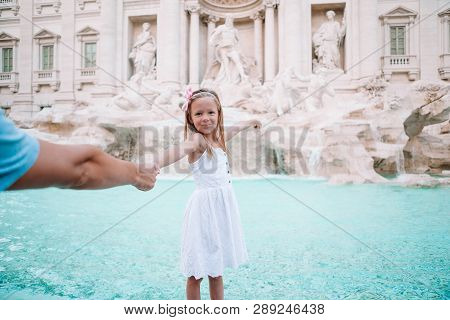 Adorable Little Girl Background Trevi Fountain, Rome, Italy. Happy Toodler Kid Enjoy Italian Vacatio
