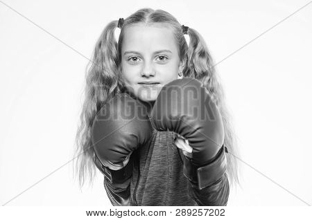 Girl Boxer Knows How Defend Herself. Girl Child Strong With Boxing Gloves Posing On White Background