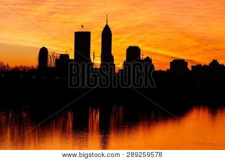 Indianapolis: Circa March 2019: Sunrise Silhouette Of The Indy Downtown Skyline Including The Salesf