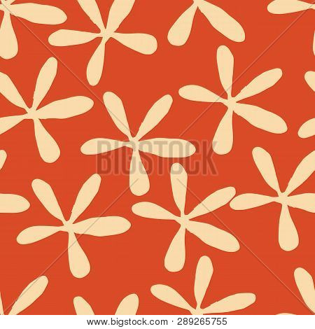 Beige Stylized Flowers On Orange Background Seameless Pattern.