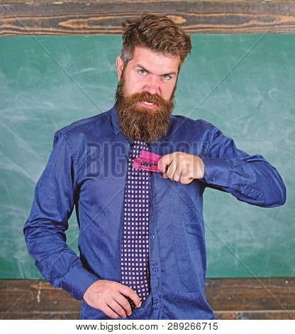 School Accident Prevention. School Stationery. Man Scruffy Use Stapler Dangerous Way. Hipster Teache