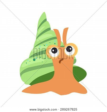 Surprised Snail With Green Cochlea Flat Icon. Book Character, Sea Life, Garden Animal. Mollusk Conce