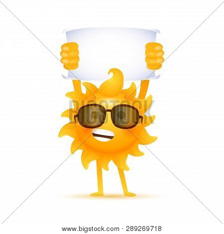 Excited Cartoon Sun Holding Banner. Agitation, Showing, Presentation. Can Be Used For Topics Like En
