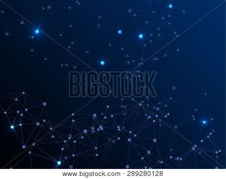 Gometric Plexus Structure Cybernetic Concept. Network Nodes Plexus Dark Blue Background. Dots Nodes 