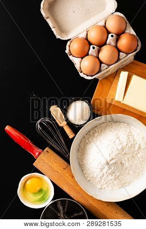 Food Preparation Concept Over Head Shot Kitchen Tools For Kneading Dough For Bakery, Pizza Or Pasta