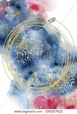 Watercolor Abstract Aquamarine, Background, Hand Drawn Watercolour Blue, Pink And Gold Texture Vecto