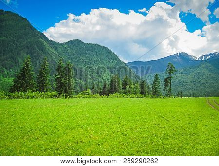 Beautiful Landscape Of Green Hills And Young Green Grass On A Background Of Bright Blue Sky With Clo