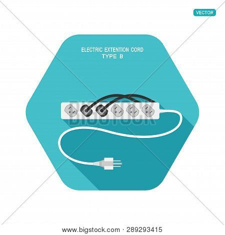 Vector Hexagon Icon Of Modern Six Socket Electric Extension Cord Type B With Two Plugs Connected On 