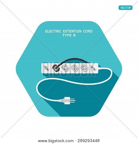 Vector Hexagon Icon Of Modern Electric Extension Cord Type B With Different Sockets On The Turquoise