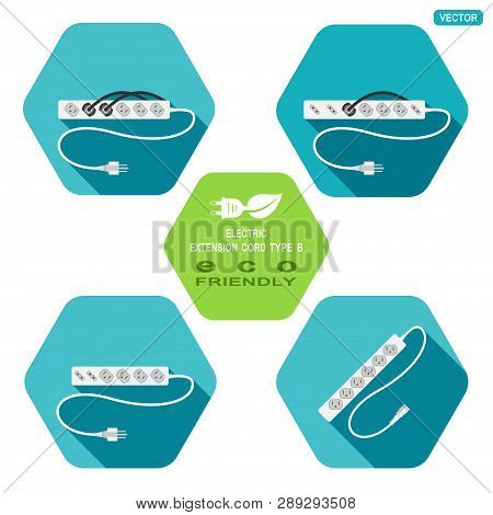 Vector Set Of Hexagon Icons Of Modern Electric Extension Cord Type B With Plugs Connected On The Tur