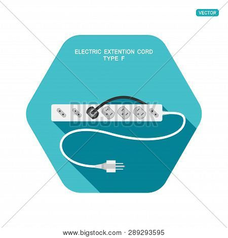 Vector Hexagon Icon With Shadow Of Modern Electric Extension Cord Type B With Different Sockets On T
