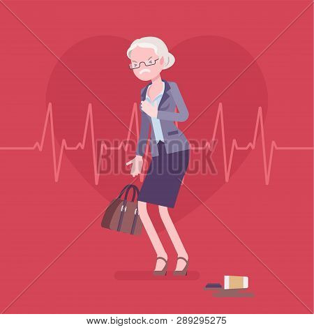 Heart Attack Female Symptoms. Senior Woman Has A Sudden Great Pain, Aching Sensation In Chest, Serio