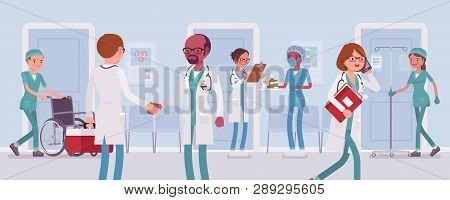 Doctors And Nurses Working In A Hospital. Busy Day In Clinic Department, Staff And Med Equipment, Pa