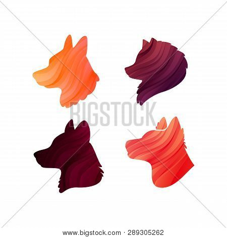 Vector Set Of Colorful Dogs Profiles. Vector Silhouette. Animal Heads For Icons, Veterinary Clinics,