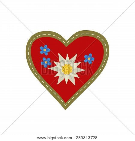 Hand Drawn Edelweiss Flower In Red Heart Isolated. Vector Star Shape National Symbol Of Alpes, Mount