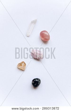 A Set Of Minerals. White Quartz, Rose Quartz, Fluorite, Citrine And Kunzite