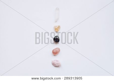 A Set Of Minerals. White Quartz, Rose Quartz, Fluorite, Citrine And Kunzite