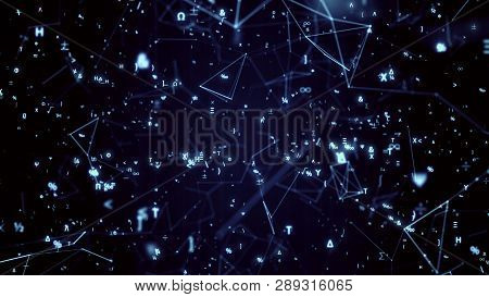 Digital Futuristic Illustration With Math, Physics Symbols And Mesh Network Grid