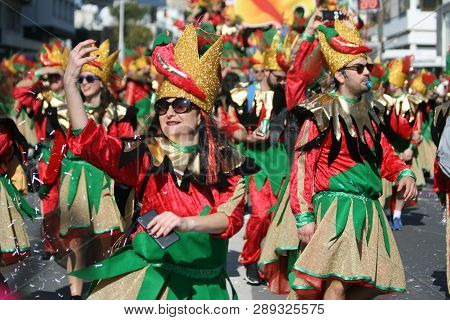 Limassol, Cyprus, March 10th, 2019: Woman In Bright Carnival Costume Dancing On Archbishop Makarios 