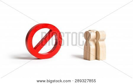 Three People Figures Look At A Big Red Symbol No. Ban On Fees And Protest Actions, Censorship. Enter