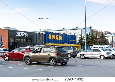 Varna, Bulgaria, March 09, 2019. Car Parking Area Near The Entrance Of The Ikea Shop Center In Varna