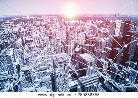 Modern Toronto Urban Skyline With High-speed Data And Internet Communication Network. Concept Of Cyb