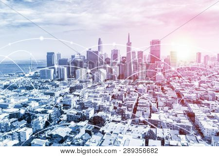 Modern San Francisco Urban Skyline With High-speed Data And Internet Communication Network. Concept 