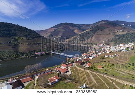 Aerial View Of The Pinhao Village With Terraced Vineyards And The Douro River, In Portugal; Concept 