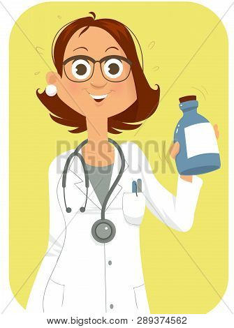 A Vector Illustration Of Woman Doctor Holding The Medicine