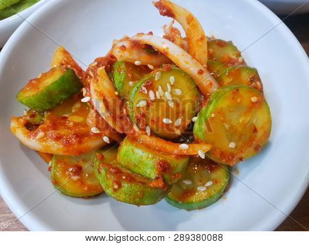 Korean Food Style, Top View Of Quick Cucumber Kimchi Or Spicy Cucumber Salad On White Plate, Oi Much