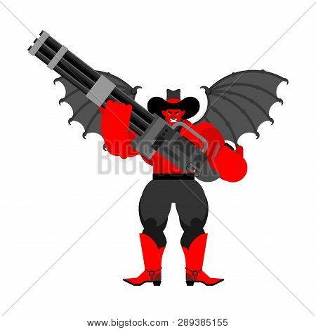 Devil Evil Cowboy And Minigun. Wild West Demon Gunfighter. Angry Western Daemon