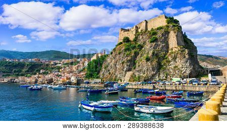 beautiful sea and towns of Calabria - medieval Scilla with old castle. South of Italy