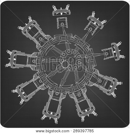 Disassembled Radial Engine On A Gray Background. Drawing