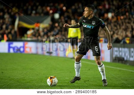VALENCIA, SPAIN - MARCH 7: Cristian Ramirez during UEFA Europa League match between Valencia CF and FC Krasnodar at Mestalla Stadium on March 7, 2019 in Valencia, Spain