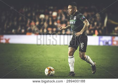 VALENCIA, SPAIN - MARCH 7: Cristian Ramirez during UEFA Europa League match between Valencia CF and FC Krasnodar at Mestalla Stadium on March 7, 2019 in Valencia, Spain