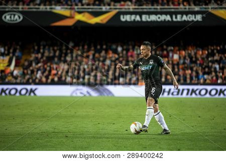 VALENCIA, SPAIN - MARCH 7: Cristian Ramirez during UEFA Europa League match between Valencia CF and FC Krasnodar at Mestalla Stadium on March 7, 2019 in Valencia, Spain