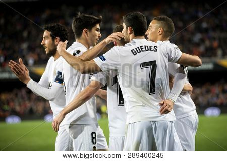 VALENCIA, SPAIN - MARCH 7: Valencia players celebrate a goal during UEFA Europa League match between Valencia CF and FC Krasnodar at Mestalla Stadium on March 7, 2019 in Valencia, Spain