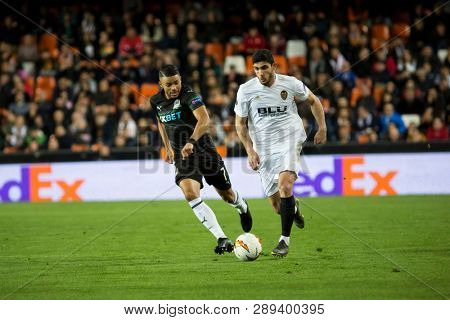 VALENCIA, SPAIN - MARCH 7: Guedes with ball during UEFA Europa League match between Valencia CF and FC Krasnodar at Mestalla Stadium on March 7, 2019 in Valencia, Spain