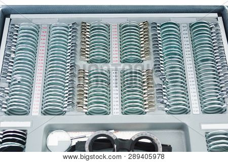 Set Of Corrective Lens, Concave Lens, Convex Lens, Cylindrical Lens For Measuring Eyesight. Ophthalm