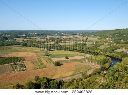 View Of Fields And Meadows In The Dordogne Valley From The Walls Of The Old Town Of Domme, Dordogne,