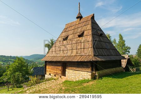 Traditional Serbian village Sirogojno landscape. Old traditional village landscape. Old cabin in nature. Nature landscape. Old village in nature landscape. Travel lifestyle landscape. Landscape. Nature. Travel. Village.