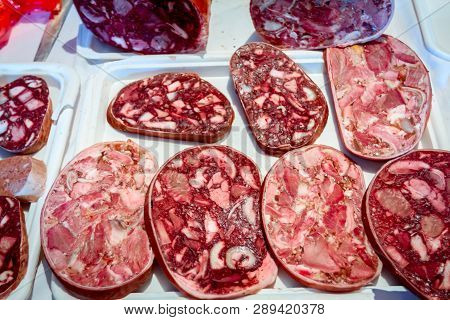 Chopped Headcheese For Sale Was Placed Outdoor At Flea Market.
