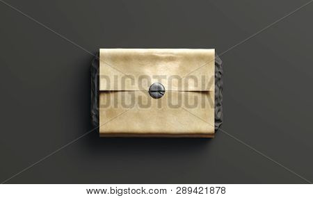 Blank Black Adhesive Round Sticker On Craft Wrapping Paper Mockup, On Dark Background, 3d Rendering.